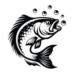 Bass Fish Silhouette with Bubbles, Freshwater Angling, Black and White, Isolated