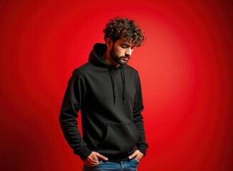 A man with medium skin and curly hair, wearing a hoodie and jeans, expressing sadness, standing in front of a red background with studio lighting, realistic photo, shallow depth of field.