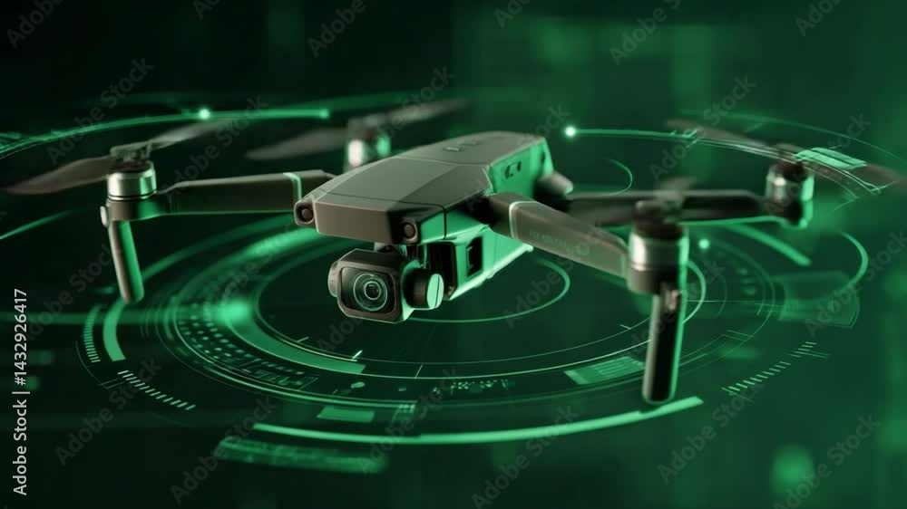 Poster aerial vision: a futuristic drone, with its propellers poised, hovers over a mesmerizing display of 