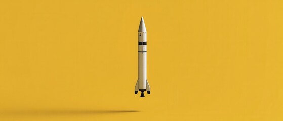 Rocket poised for launch against a vibrant yellow backdrop evoking a sense of adventure and technological advancement with a minimalist aesthetic and modern composition