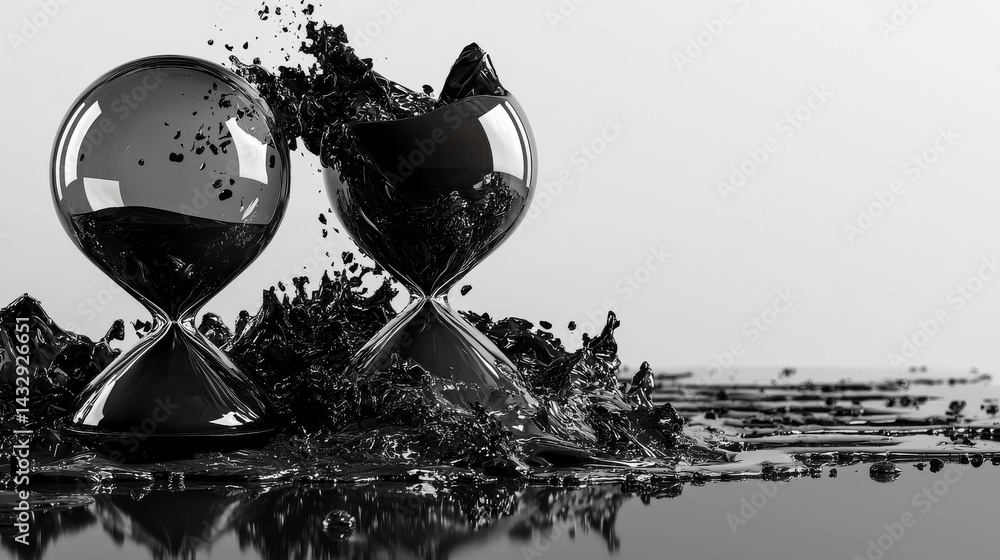 Poster artistic hourglass design with black elements and splashes for a unique visual impact.