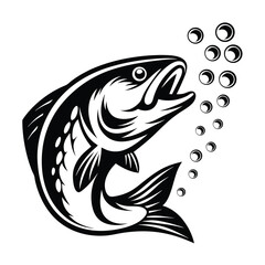 Leaping Trout with Bubbles, Monochrome Design, Fish Silhouette, Aquatic Icon, Streamline Art