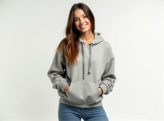 A woman with medium skin and straight hair, wearing a hoodie and jeans, expressing sunshine, standing in front of a white background with studio lighting, realistic photo