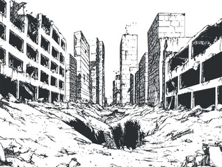 Black and white sketch of a destroyed city with ruined buildings and a large crater in the center © vadymstock