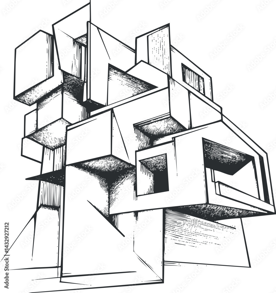 Poster abstract black and white illustration of a complex 3d geometric structure made of cubes and blocks