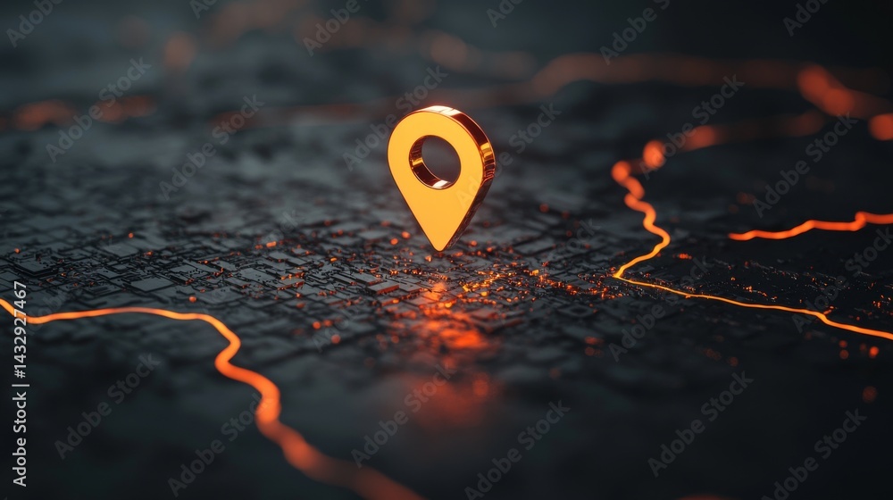 Poster close-up of a digital location marker on a dark map with glowing circuit lines.