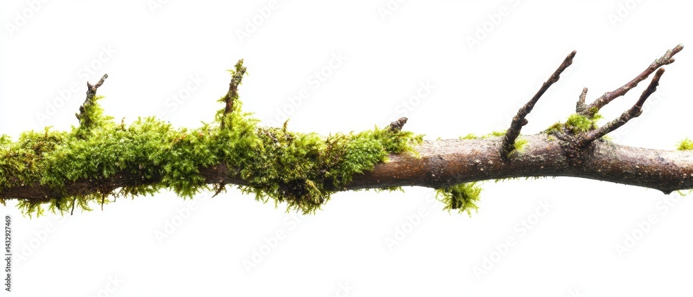 Poster mossy branch lying horizontally against a clean white background creating a natural and organic comp
