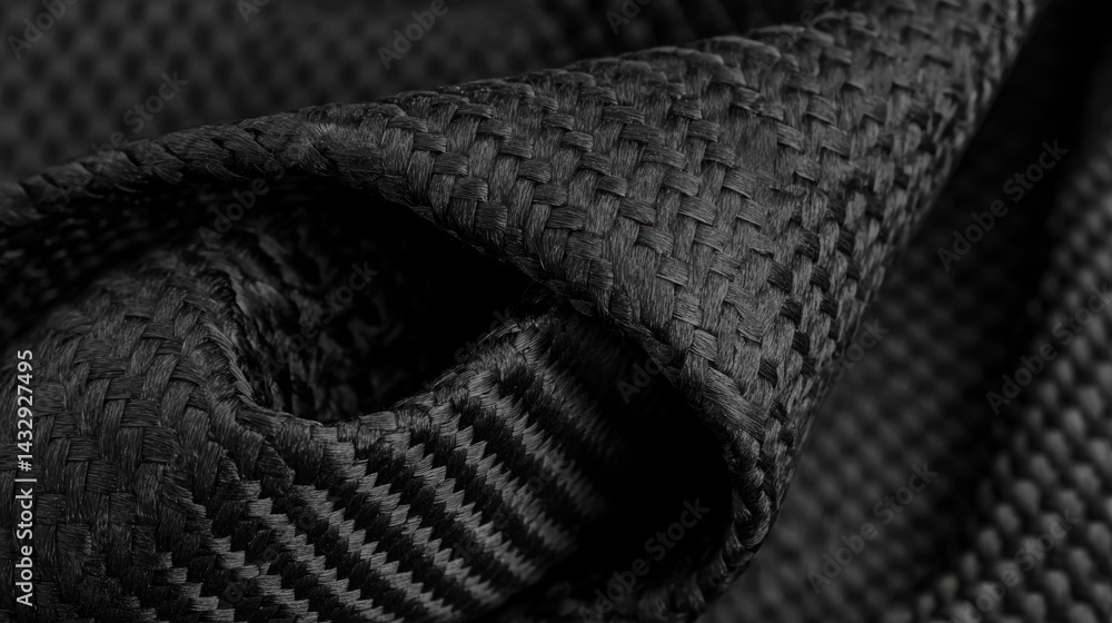 Poster a close-up view of a black woven fabric with a distinct pattern.