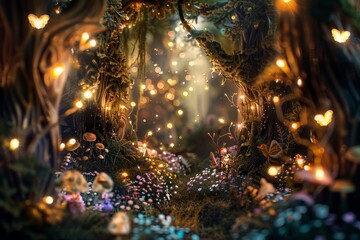A magical forest path lined with glowing fairy lights, inviting you to step into a world of enchantment, A whimsical forest filled with magical creatures and twinkling fairy lights