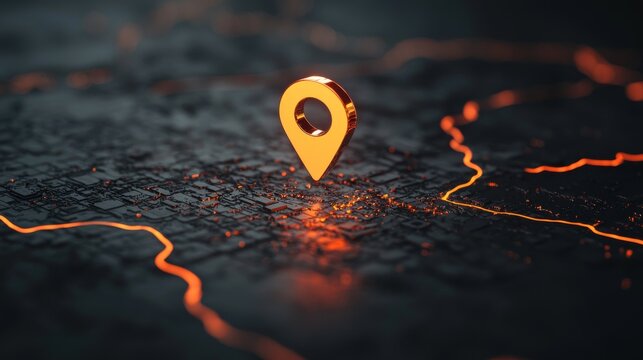 Close-up of a digital location marker on a dark map with glowing circuit lines.