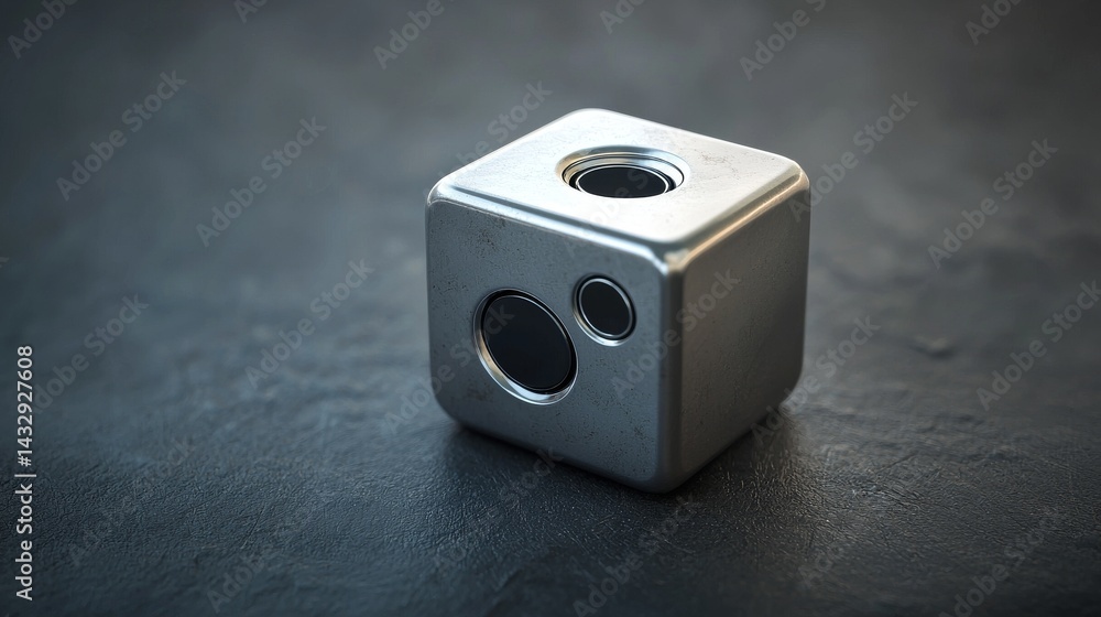 Poster close-up of a metallic cube showcasing industrial design and precision.