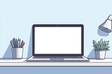 Fototapeta premium Clean workspace with laptop, pencils in a cup, small plant, and desk lamp on a light blue wall.
