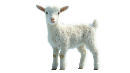 Fototapeta premium Adorable fluffy white baby goat kid standing isolated pet cute farm soft on transparent background