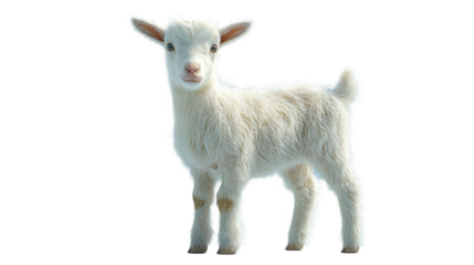 Adorable fluffy white baby goat kid standing isolated pet cute farm soft on transparent background