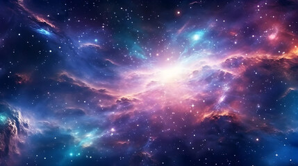 Naklejka premium A vibrant, colorful nebula with a starburst in the center, set against a backdrop of deep blue and purple hues.