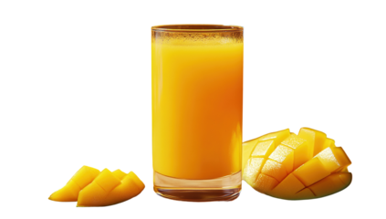Clear full glass of mango juice with mangos laying beside