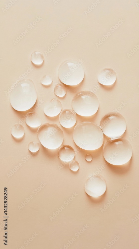 Poster luminous water droplets on a clean beige surface creating a refreshing and hydrating visual effect w