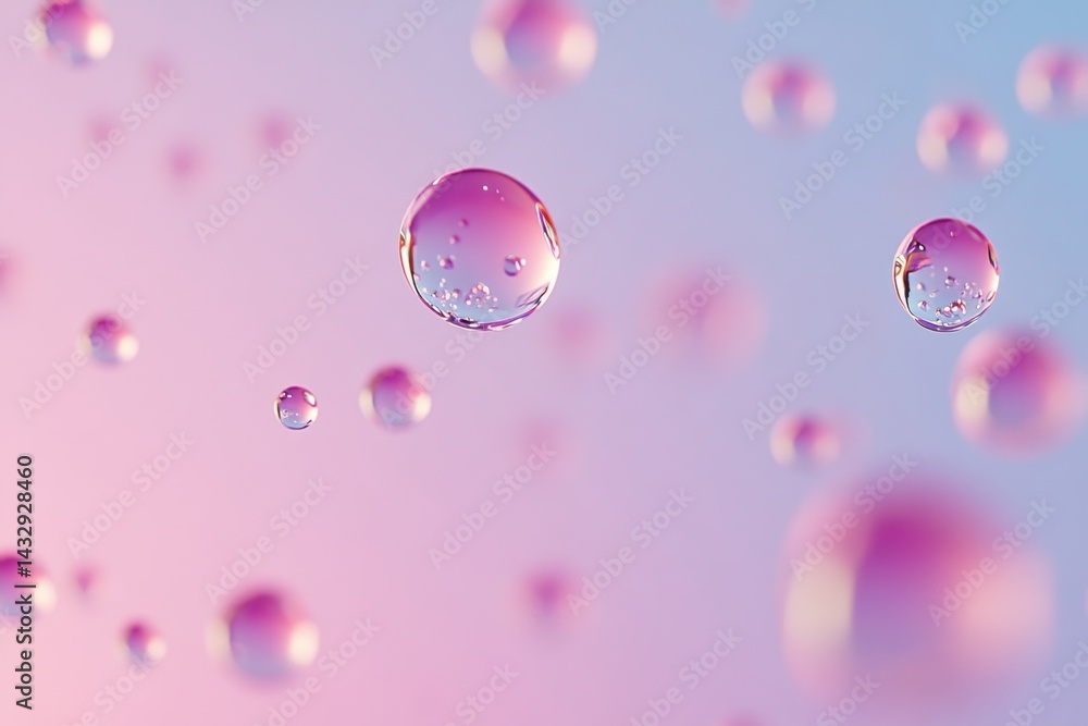 Poster captivating close up of floating water droplets against a pastel gradient background creating a sere