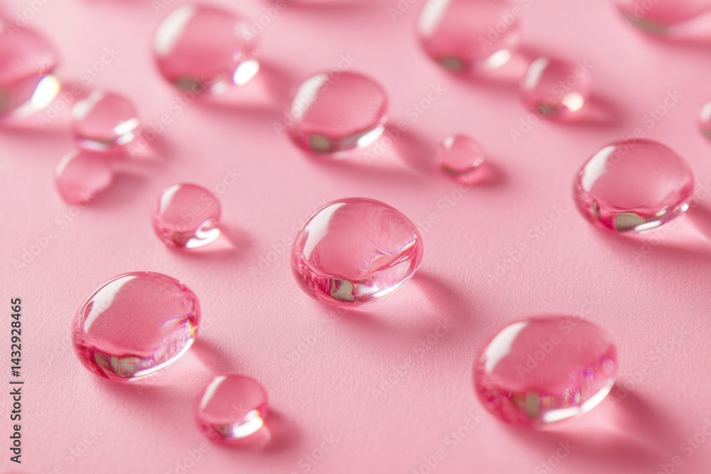 Poster captivating close up of translucent pink water droplets on a soft pink surface creating a serene and