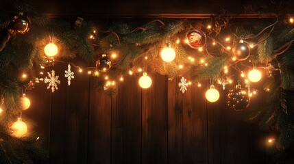 Obraz premium Warm Christmas lights adorned with ornaments on rustic wooden wall