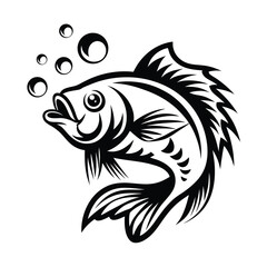 Black Fish with Bubbles Outlined Illustration. Marine Animal, Underwater Wildlife
