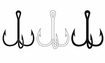 Vector illustration of triple fishing hook icons in bold,silhouette and outline styles. Perfect for fishing gear, outdoor, logo, or nautical design themes. Isolated on white.