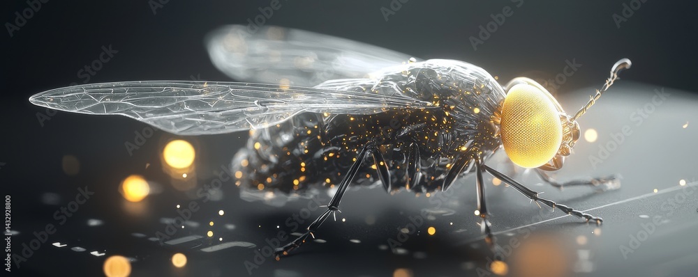 Poster close-up view of a sparkling insect with illuminated features on a dark background.