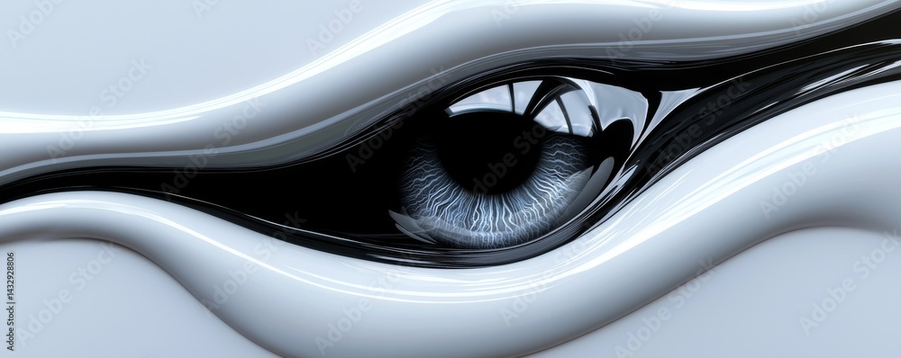 Poster close-up view of a futuristic eye design with flowing shapes and abstract elements.
