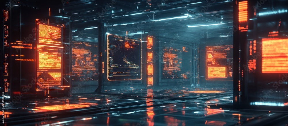 Poster futuristic server room with glowing screens displaying data streams.