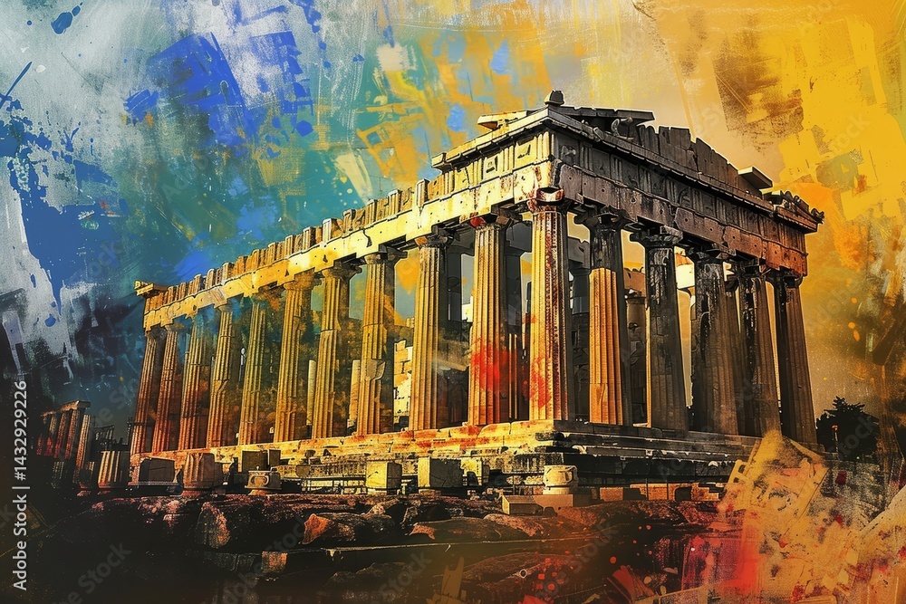Aufkleber an abstract interpretation of the parthenon, showcasing the iconic greek temple in vibrant hues, cre