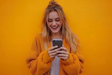 Fototapeta premium A cheerful young woman joyfully using her phone in front of a vibrant yellow backdrop.