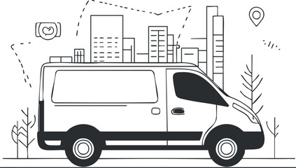 Side view of a delivery van in a city with buildings and navigation icons in black and white © vadymstock