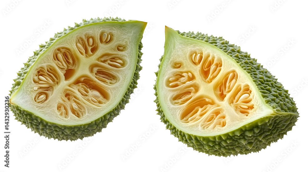 Poster bitter melon vegetable and single halved slice bitter melon vegetable - unique bumpy texture isolate