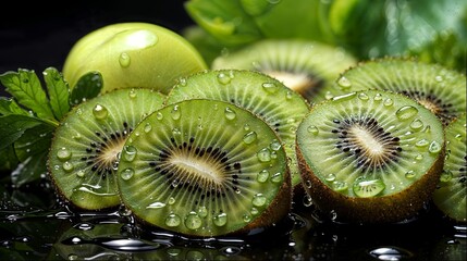 Fresh kiwi slices with water droplets, vibrant and juicy, ideal for healthy food or summer themes.

