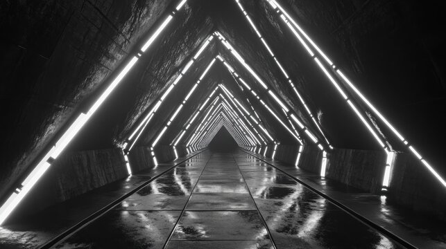 Futuristic tunnel with triangular patterns illuminated by bright lights