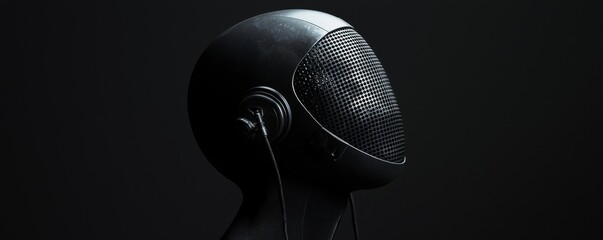 Futuristic headset design with sleek lines and modern aesthetics on a dark background.