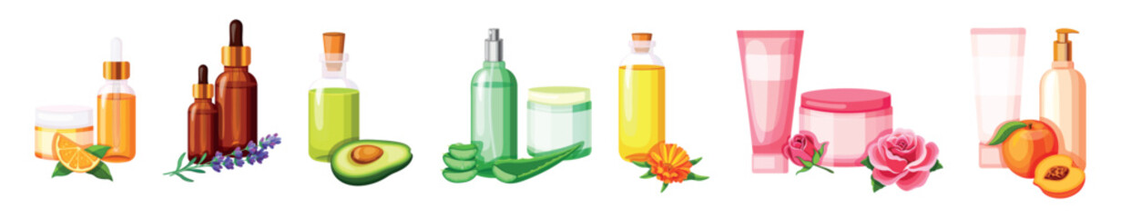 Set of organic cosmetics in cartoon style. Vector illustration of natural cosmetics: serums, jars, cream tubes, dispenser, spray, bottles.Orange, lavender, avocado, calendula,rose, peach in cosmetics.