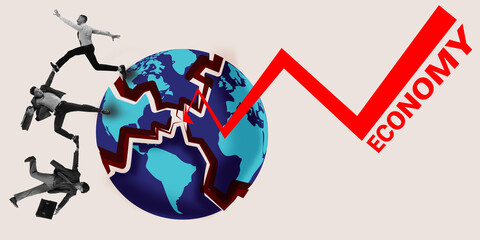 Contemporary art collage. Businessmen fall from globe split by red economic arrow labeled economy, reflecting collapse and instability. Concept of economic crisis, inflation, job loss, depression.