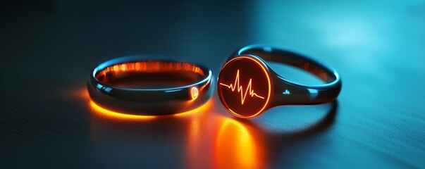 Futuristic smart rings with health monitoring features glowing in blue light.