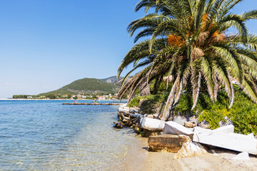 Idyllic beach landscape featuring a lush palm tree, weathered rocks, and sparkling clear water. A coastal town and mountains are visible in the distance.
