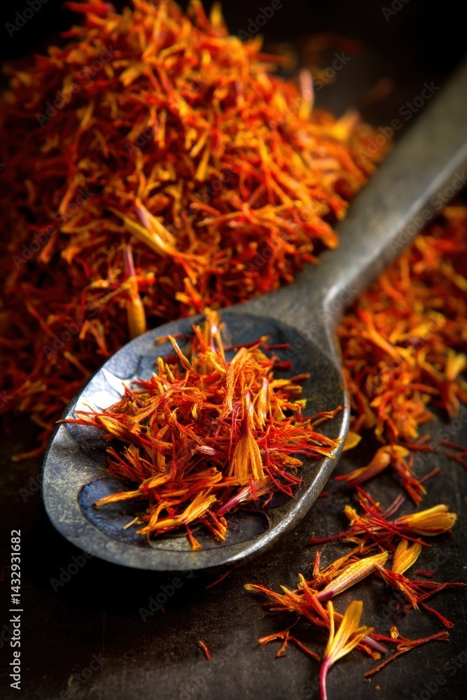 Poster saffron threads on a rustic spoon showcasing vibrant color and aromatic spice for culinary use close