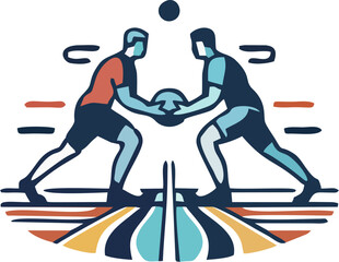 Minimalist Flat Vector of Two Athletes Competing in Ball Game Playoff with Retro Line Art Style