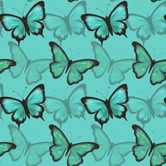 Delicate blue and green butterflies on a green background, seamless pattern. Watercolor digital illustration. For fabric,textiles, wallpaper, wrappers, covers, prints, clothing, souvenirs, accessories