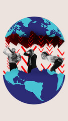 Modern art collage. Panicked professionals trapped between halves of cracked globe under pressure of financial downfall. Concept of economic crisis, inflation, job loss, depression.