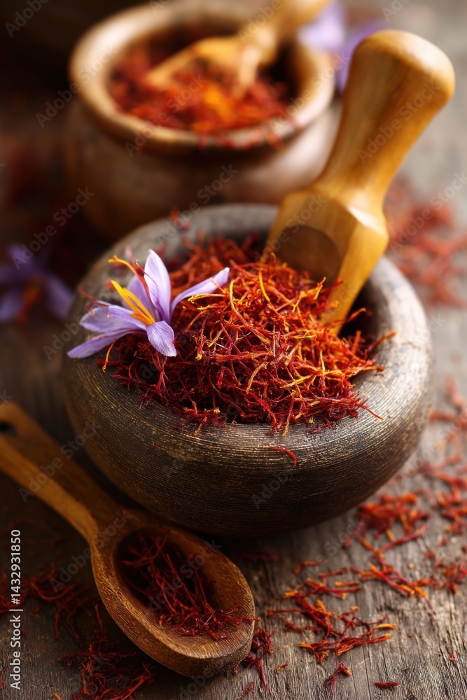 Poster saffron threads in wooden bowl with saffron flower on rustic wooden table macro shot with shallow de