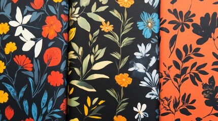Three floral fabric swatches with dark backgrounds; red, orange, and blue flower patterns.