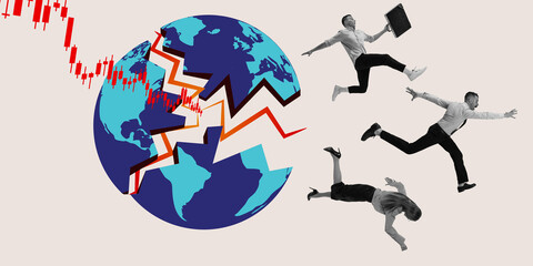 Modern art collage. Globe fractured by falling red stock lines as people leap or crash, symbolizing dramatic market crash and job instability. Concept of crisis, inflation, job loss, depression.