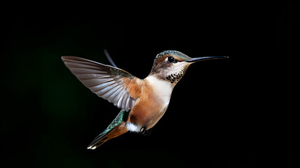 Fototapeta premium Rufous Hummingbird In Flight Against Black Background