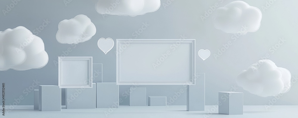 Poster minimalistic scene with clouds and geometric shapes for creative backgrounds.