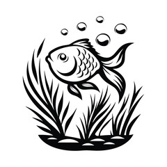 Fish Silhouette with Bubbles, Underwater Plants, Black and White Minimalist Aesthetic